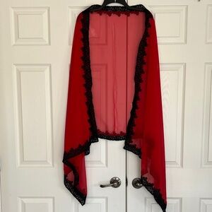 Vintage Chic Red Shawl Wrap with intricate Beaded Black Lace Trim